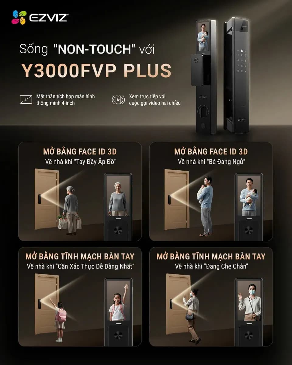 Các tính năng khóa Ezviz Y3000FVP Plus: màn hình 4 inch, Face ID 3D, tĩnh mạch bàn tay