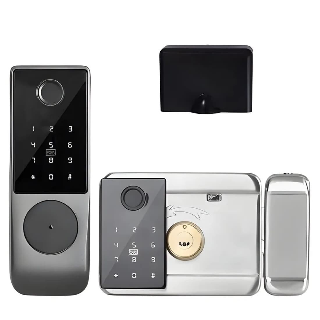 Khóa cổng vân tay AKIA G05: panel bàn phím + vân tay, thân khóa rim inox và panel mặt sau