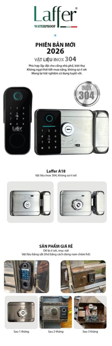 Khóa cổng Laffer A18 2F inox 304 chống nước, bền với thời tiết ngoài trời