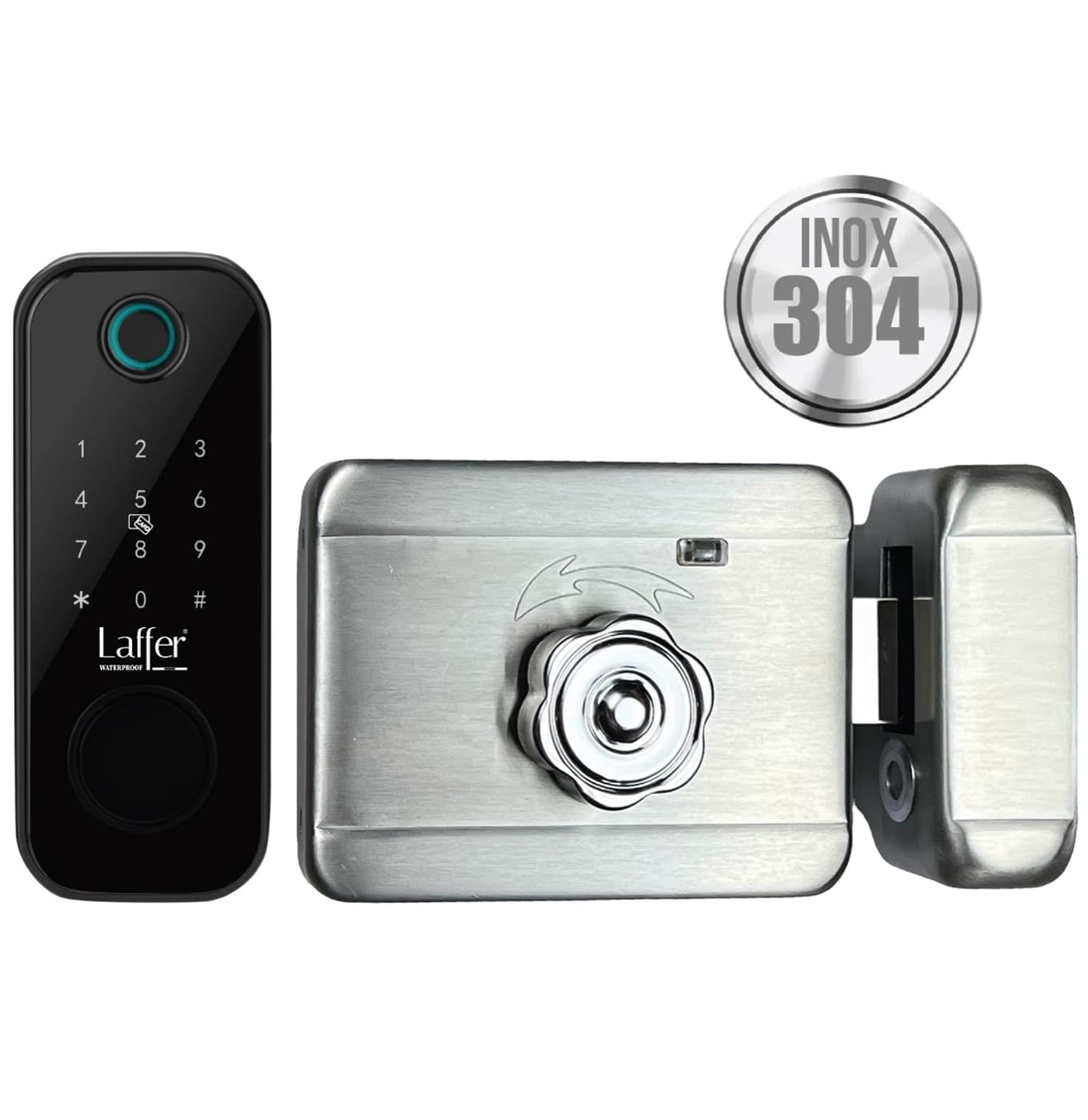 Khóa cổng vân tay Laffer A18 inox 304, panel vân tay + bàn phím và thân khóa núm xoay