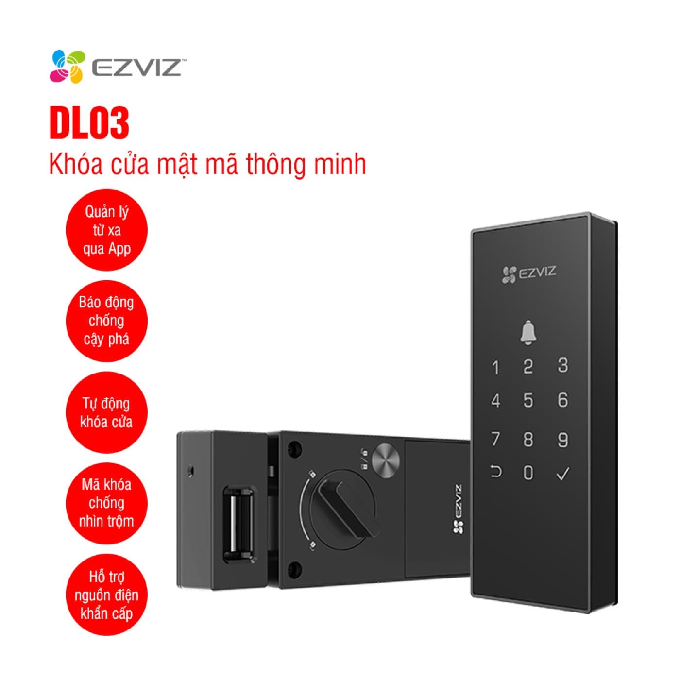 Khóa mã số Ezviz DL03 dạng rim lock, mặt trước bàn phím cảm ứng, mặt sau núm xoay