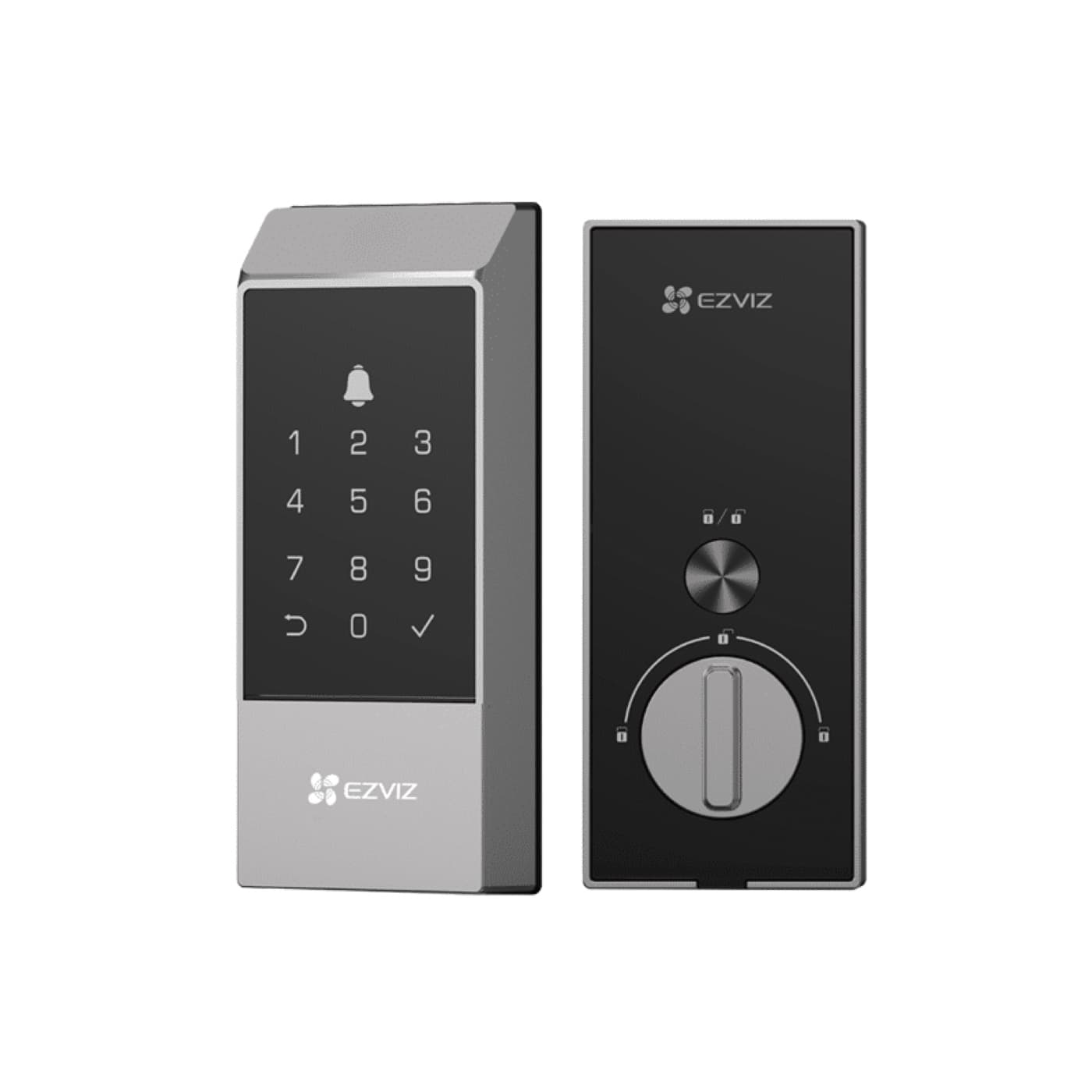 Khóa mã số Ezviz DL04 dạng chốt, mặt trước bàn phím cảm ứng và mặt sau núm xoay