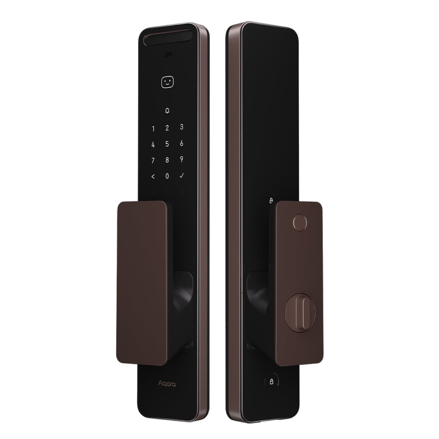 Khóa thông minh Aqara D200i push-pull màu nâu cà phê, mặt trước có mô-đun nhận diện khuôn mặt và bàn phím