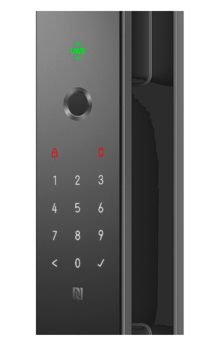 Mặt trước khóa Aqara D300 UWB: đèn báo UWB, cảm biến vân tay bán dẫn 3D, bàn phím và NFC