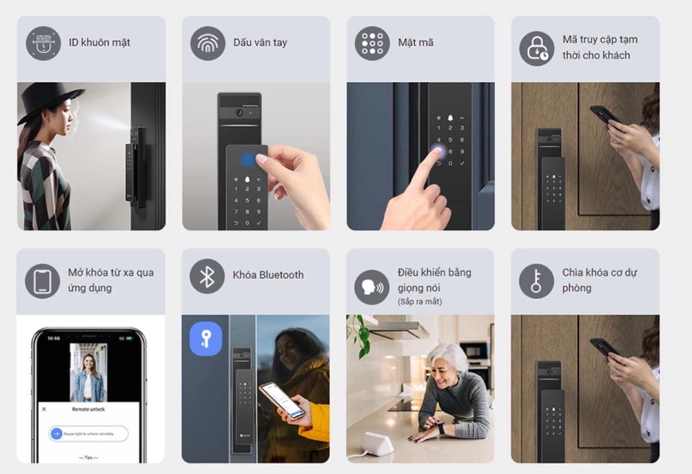 Các cách mở khóa Ezviz DL50FVS: khuôn mặt, vân tay, mã số, thẻ từ, app, Bluetooth, chìa cơ