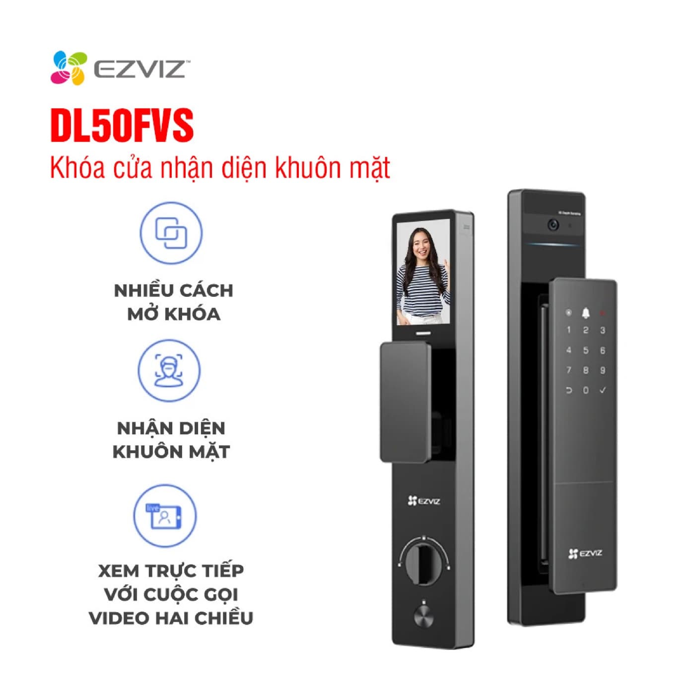 Khóa thông minh Ezviz DL50FVS push-pull màu đen, mặt trước có màn hình và camera nhận diện khuôn mặt