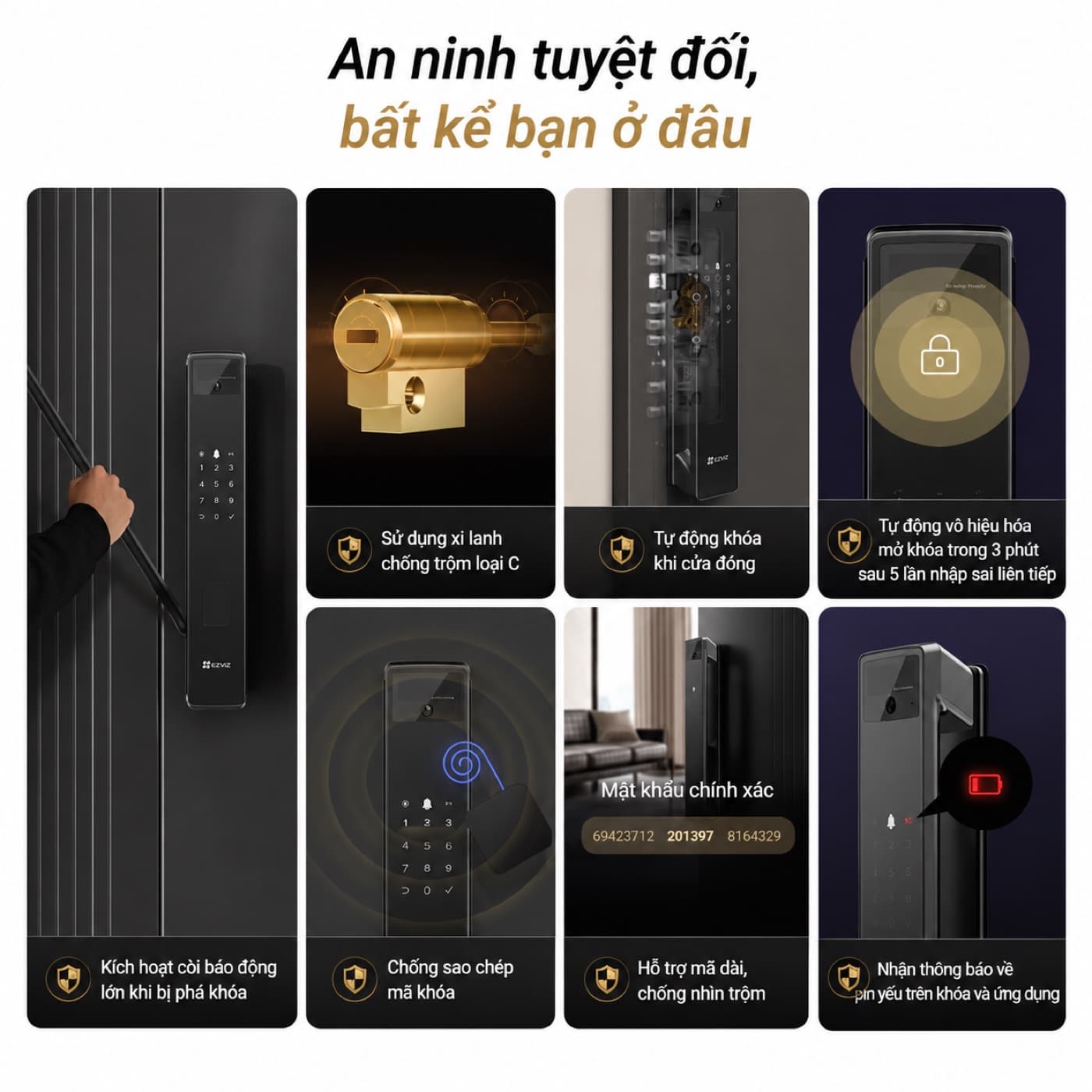 Tính năng an ninh khóa Ezviz Y3000FVP Plus: khóa cơ Class C, báo động chống phá, tự khóa