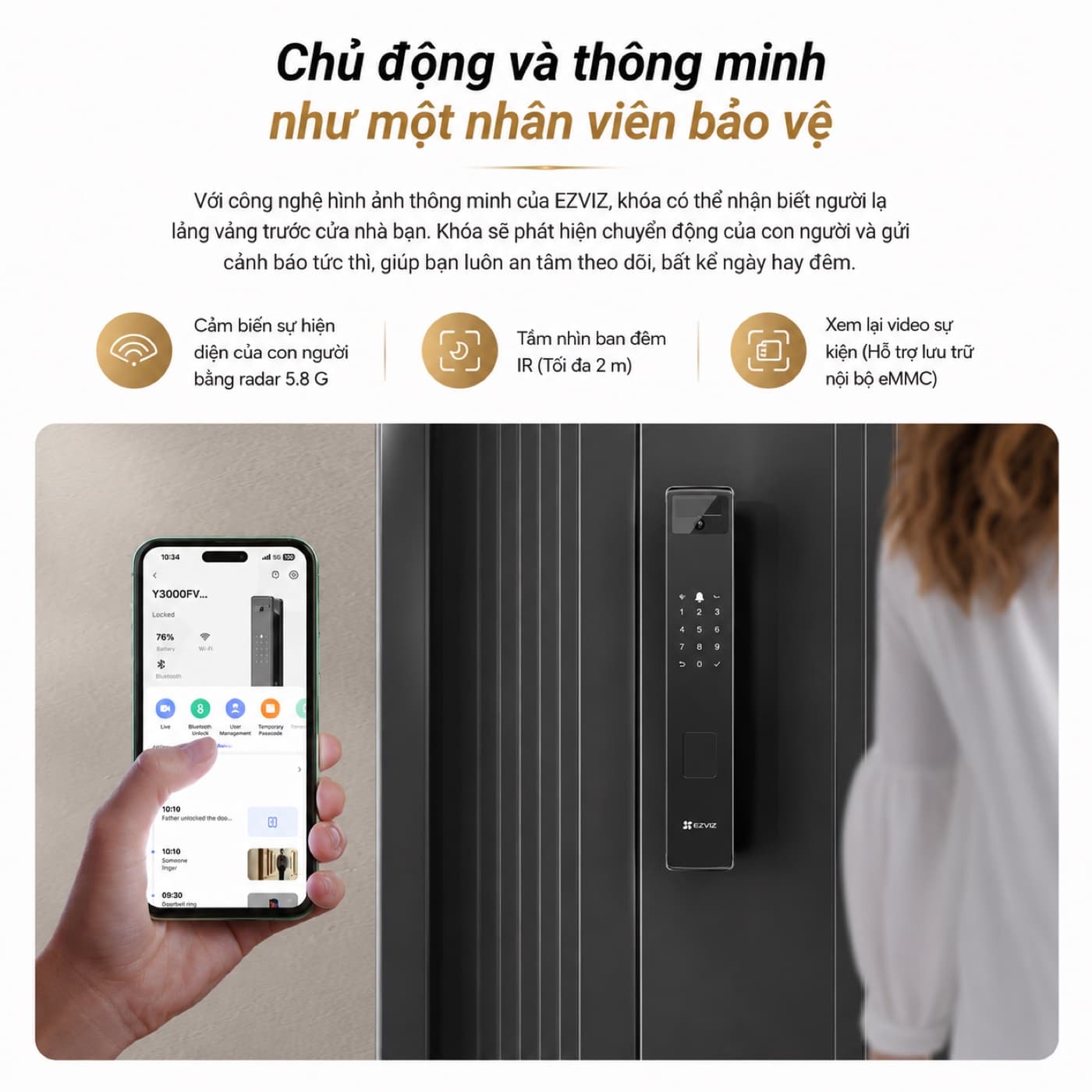 Khóa Ezviz Y3000FVP Plus cảm biến radar phát hiện người trước cửa, xem camera trên app EZVIZ