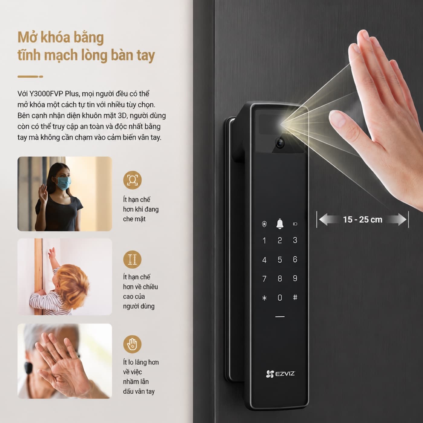 Mở khóa Ezviz Y3000FVP Plus bằng tĩnh mạch lòng bàn tay, không cần chạm, cách 15-25cm