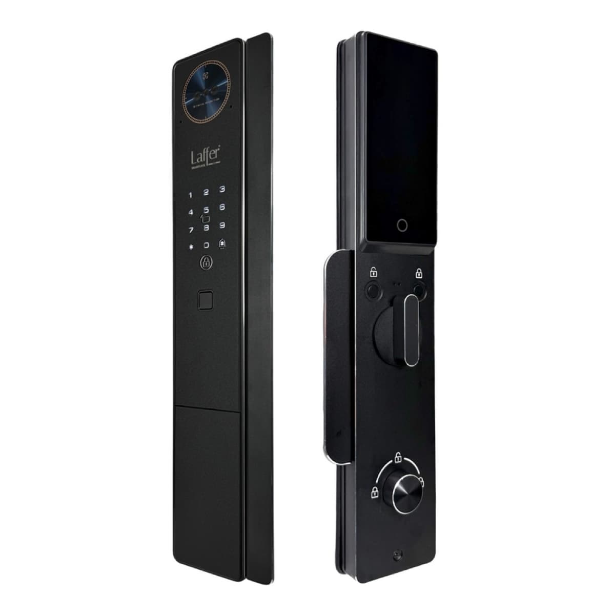 Khóa thông minh Laffer FD08 push-pull màu đen, mặt trước có camera khuôn mặt và bàn phím, mặt sau có màn hình