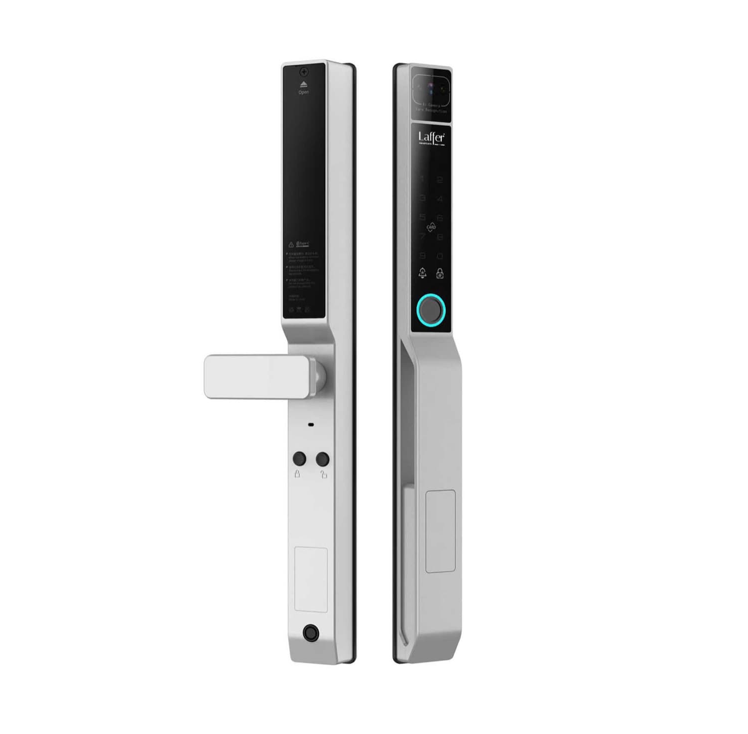 Khóa thông minh Laffer RD02 push-pull màu bạc, mặt trước có camera AI nhận diện khuôn mặt, bàn phím và vân tay