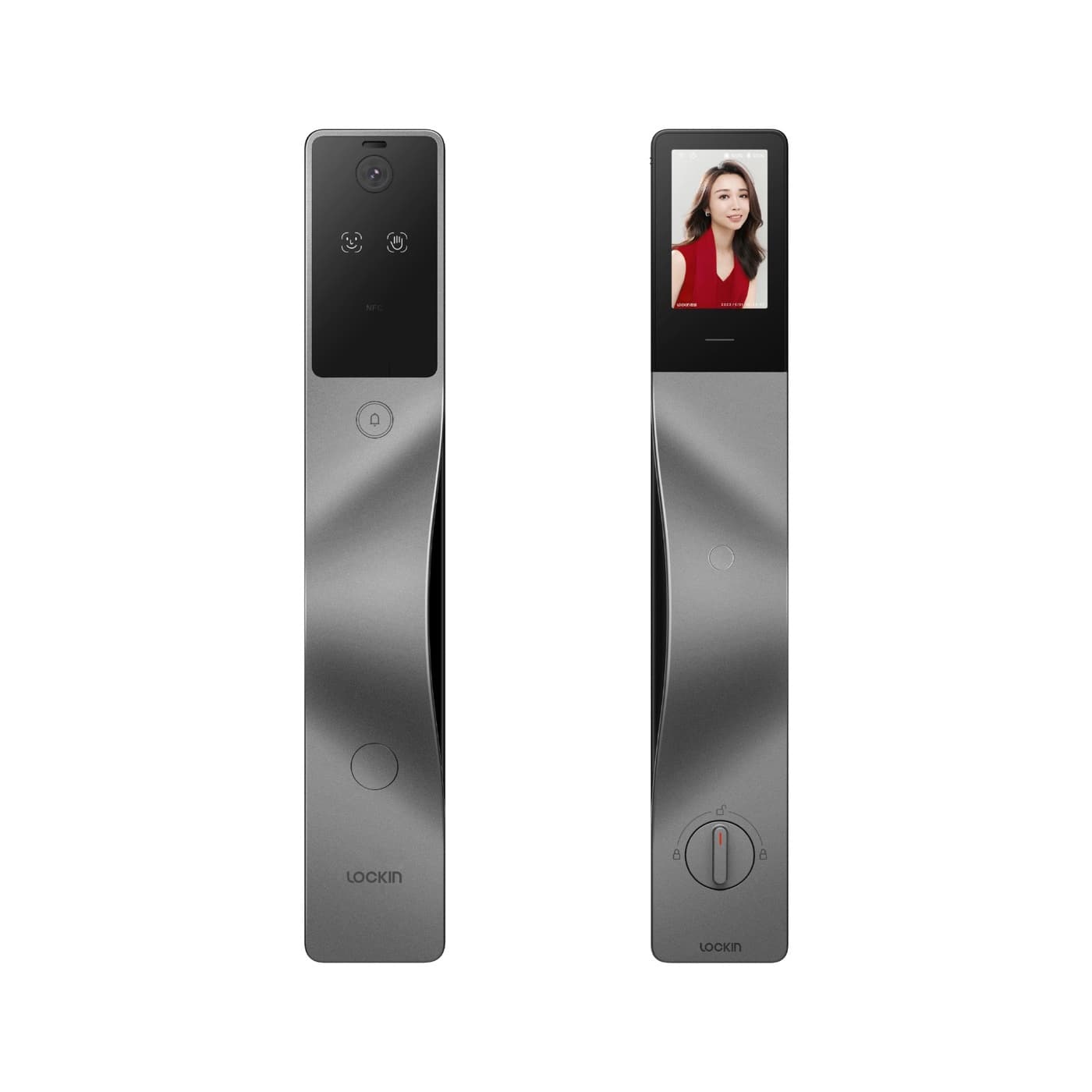 Khóa Lockin V5 Max mặt trước (camera, NFC) và mặt sau (màn hình, núm vặn)