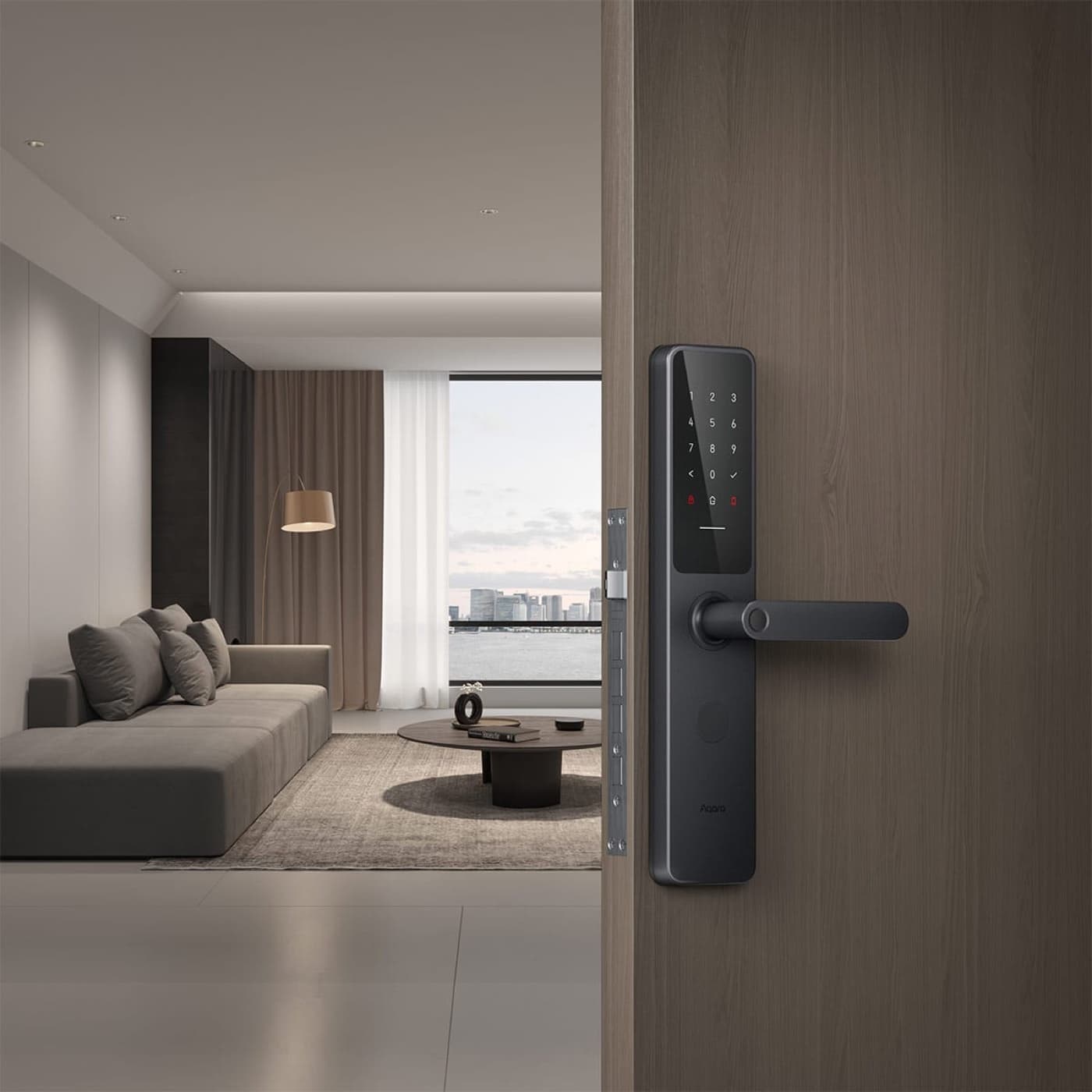 Khóa vân tay Aqara A100 Zigbee tay gạt màu đen lắp trên cửa gỗ, bàn phím cảm ứng