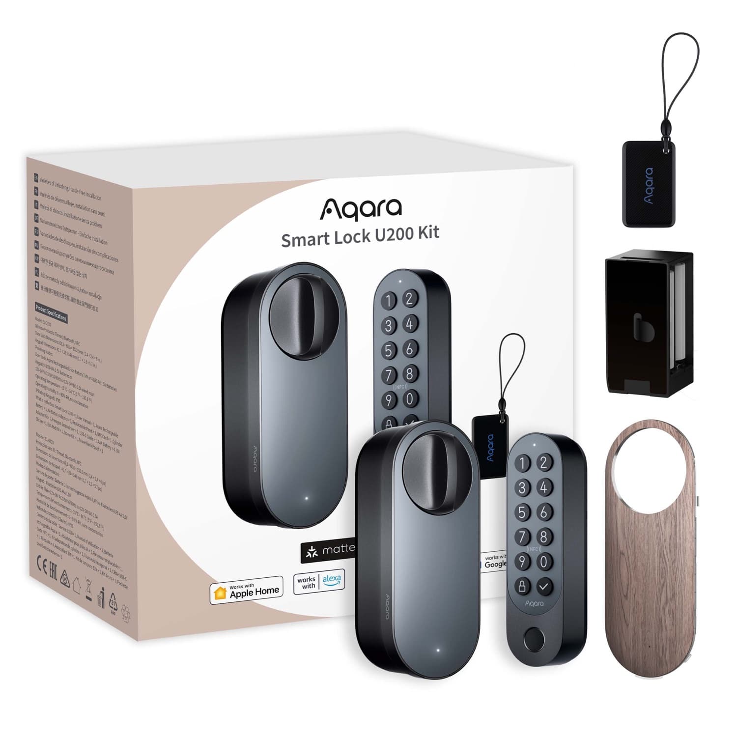 Bộ khóa vân tay Aqara U200 Kit gồm thân khóa, bàn phím, thẻ NFC — bản đen và bạc