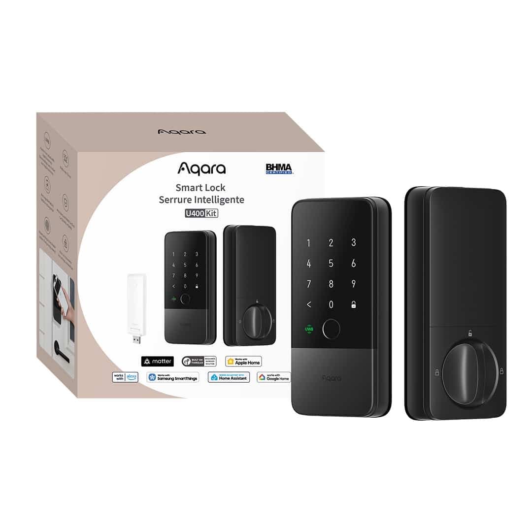 Bộ khóa vân tay Aqara U400 Kit màu đen: bàn phím vân tay, thân chốt núm xoay và hub