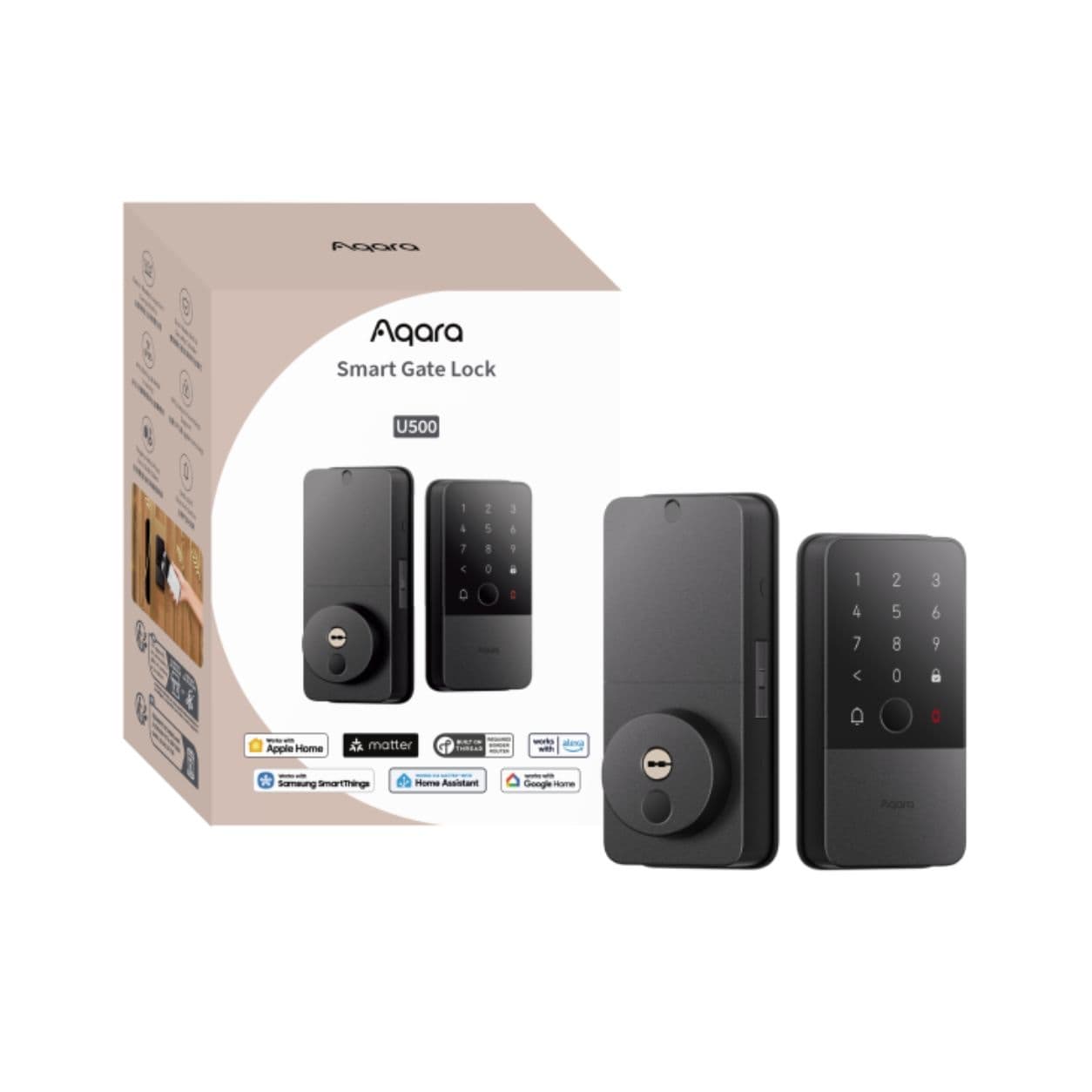 Khóa vân tay Aqara U500 bản cửa cổng (Smart Gate Lock) màu đen, bàn phím và cảm biến vân tay