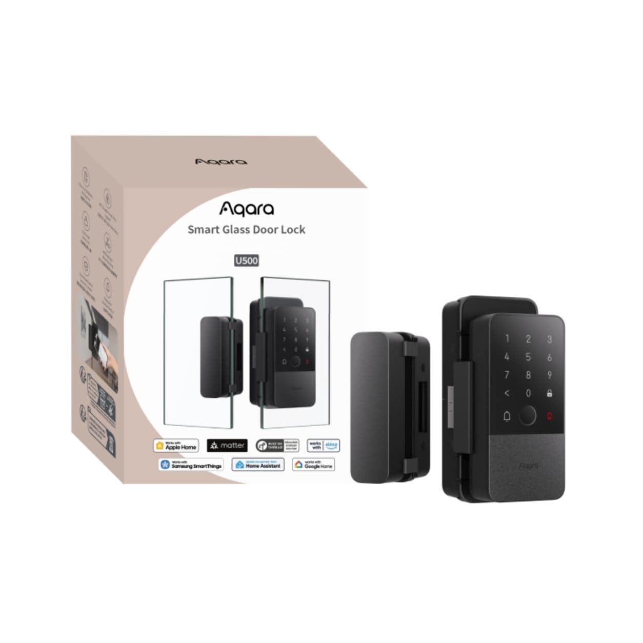 Khóa vân tay Aqara U500 bản cửa kính (Smart Glass Door Lock) màu đen, kẹp lên cửa kính khung