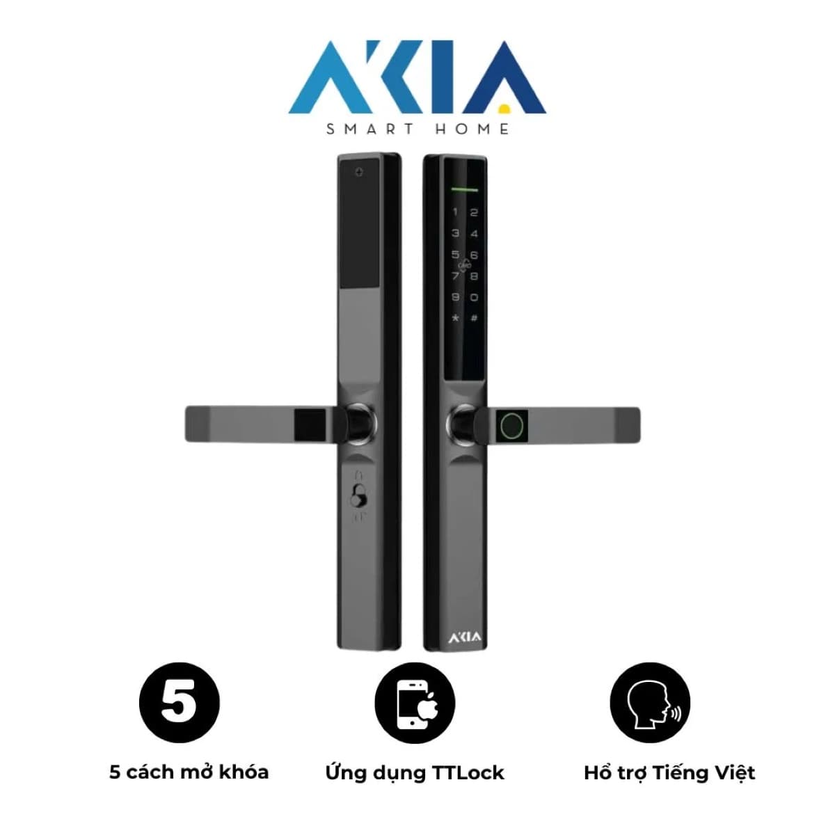 Khóa vân tay AKIA S610 cửa nhôm, tay gạt slim, mặt trước bàn phím và cảm biến vân tay