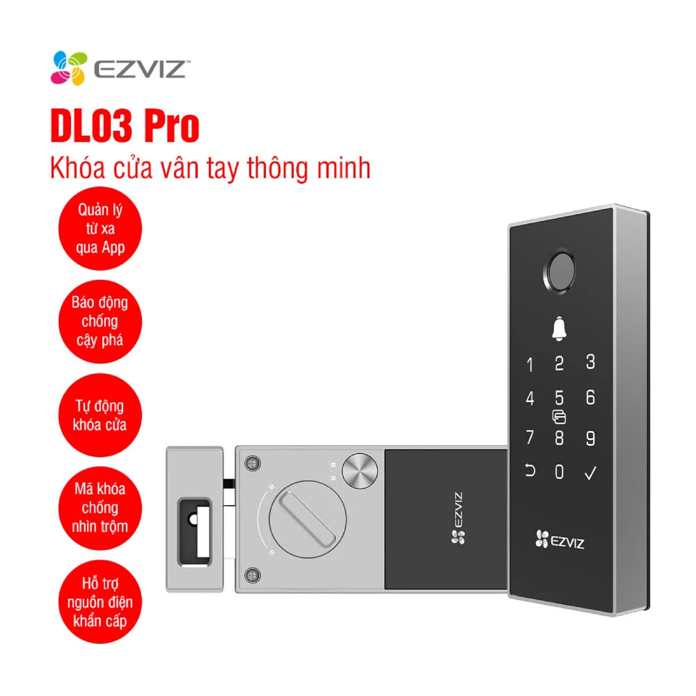 Khóa vân tay Ezviz DL03 Pro dạng rim lock, mặt trước cảm biến vân tay và bàn phím, mặt sau núm xoay