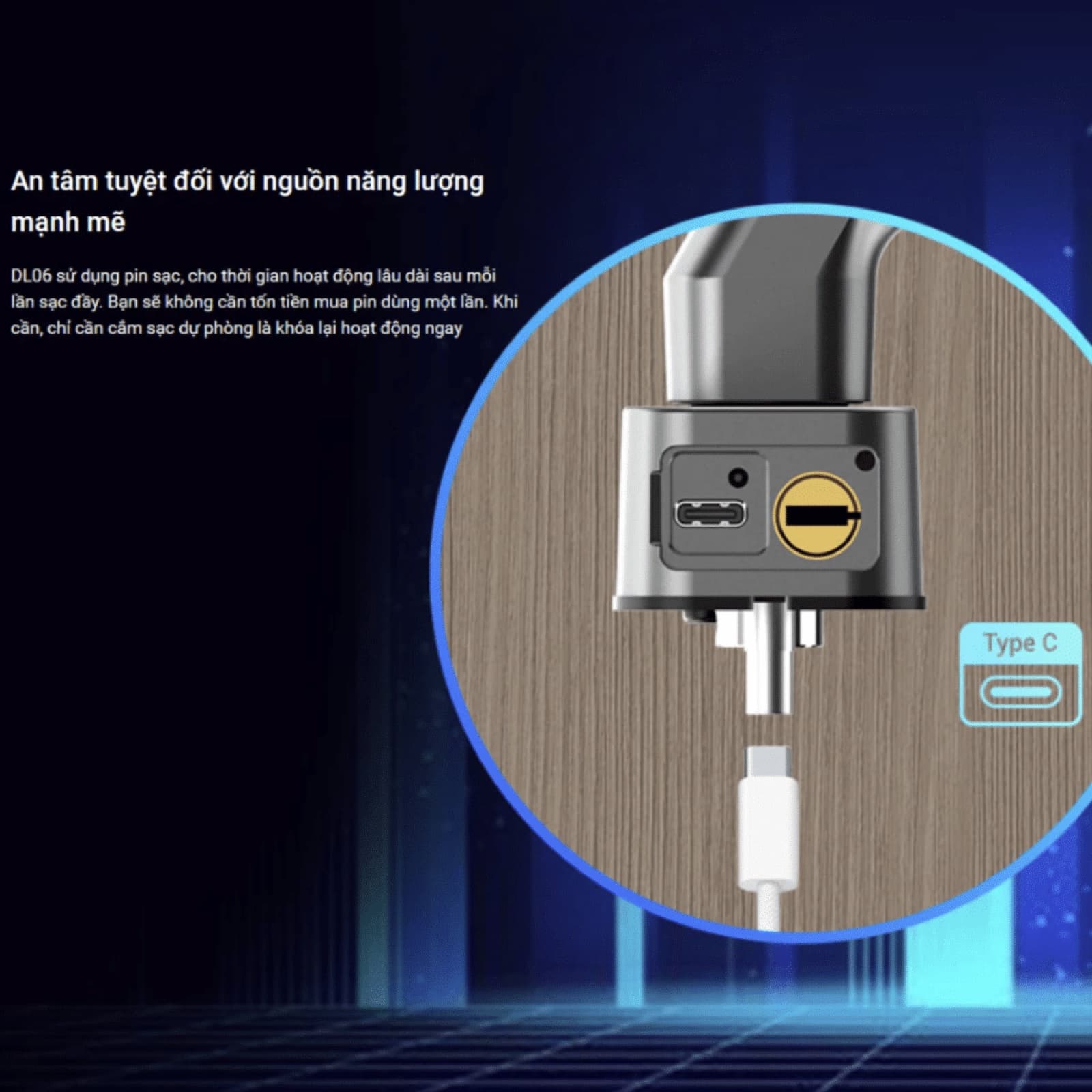 Khóa Ezviz DL06 dùng pin Lithium sạc, cổng sạc khẩn cấp USB Type-C