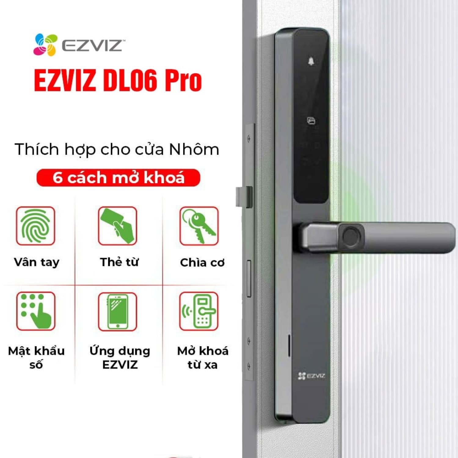 Khóa vân tay Ezviz DL06 Pro lắp trên cửa nhôm kính, 6 cách mở khóa