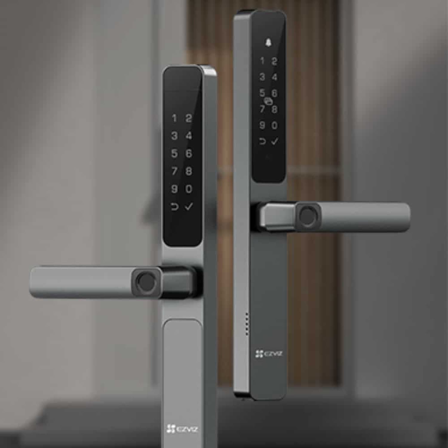 Khóa vân tay Ezviz DL06 Pro mặt trước và mặt sau, thân slim màu xám, vân tay trên cả hai tay gạt