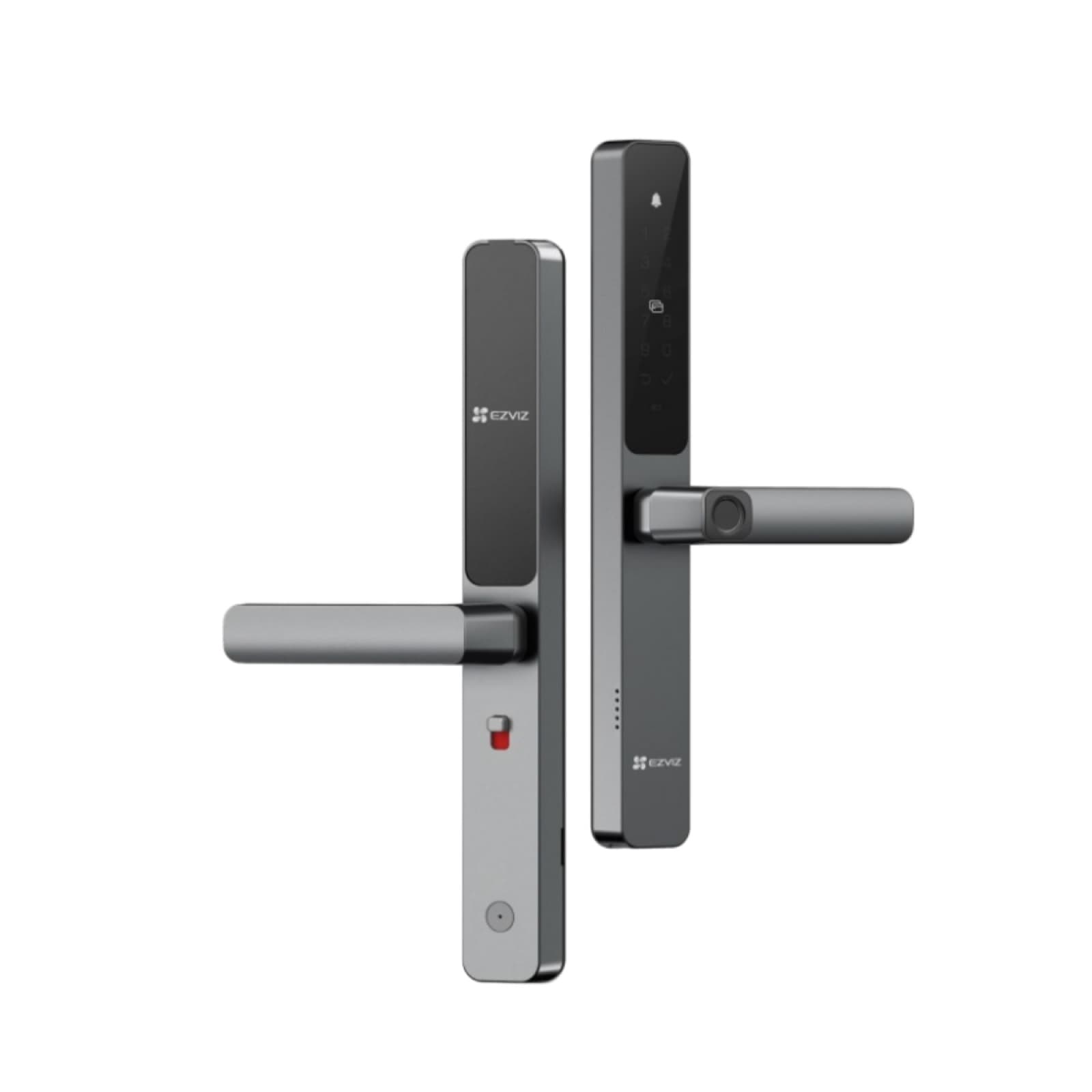 Khóa vân tay Ezviz DL06 mặt trước và mặt sau, thân slim màu xám, cảm biến vân tay trên tay gạt