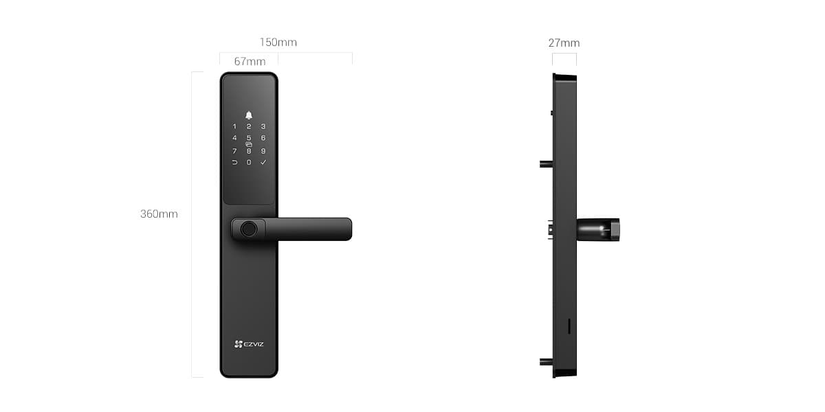 Kích thước khóa Ezviz Y2000: 360 x 67 x 27 mm