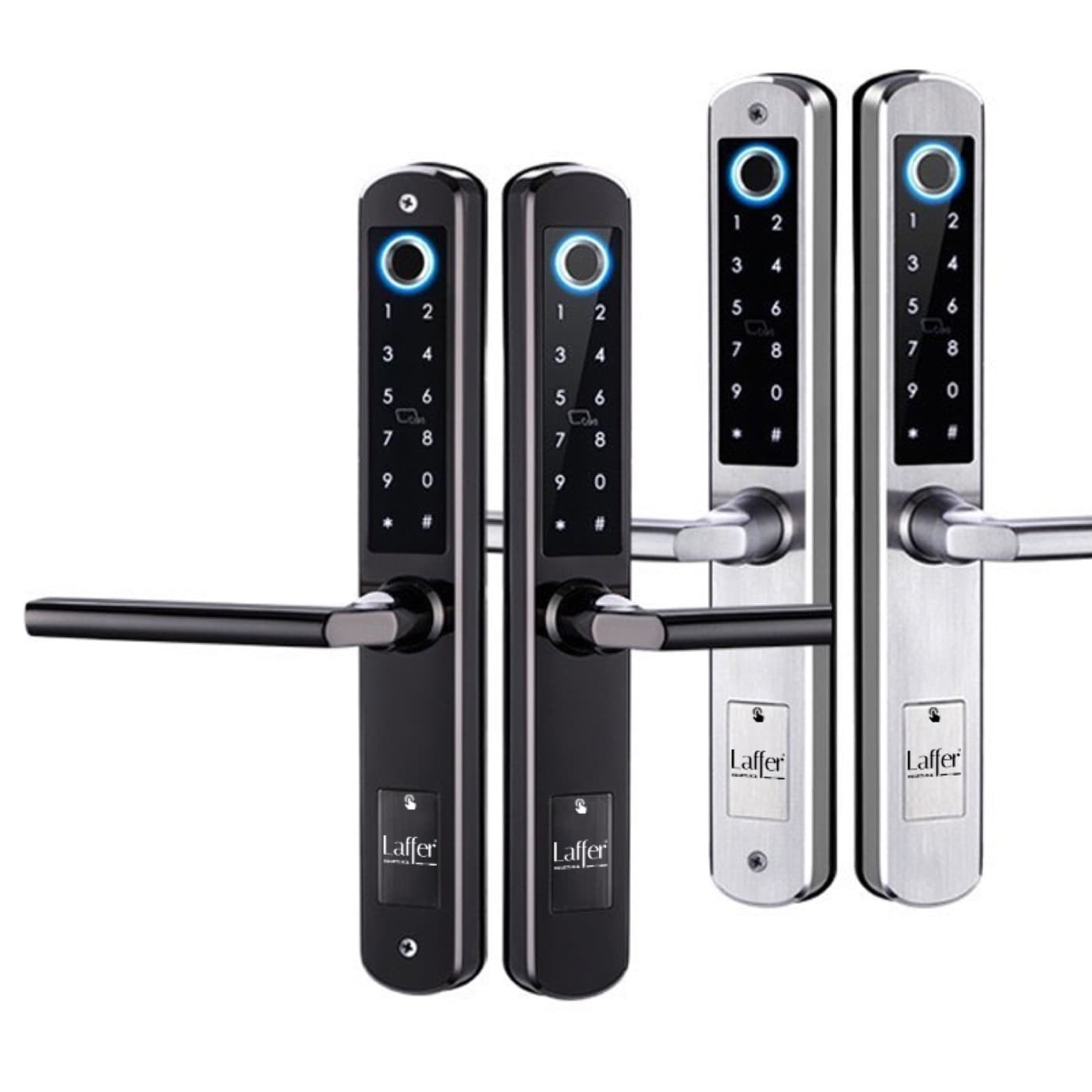 Khóa vân tay Laffer XF19 2F màu đen và bạc, thân slim tay gạt, vân tay và bàn phím cảm ứng