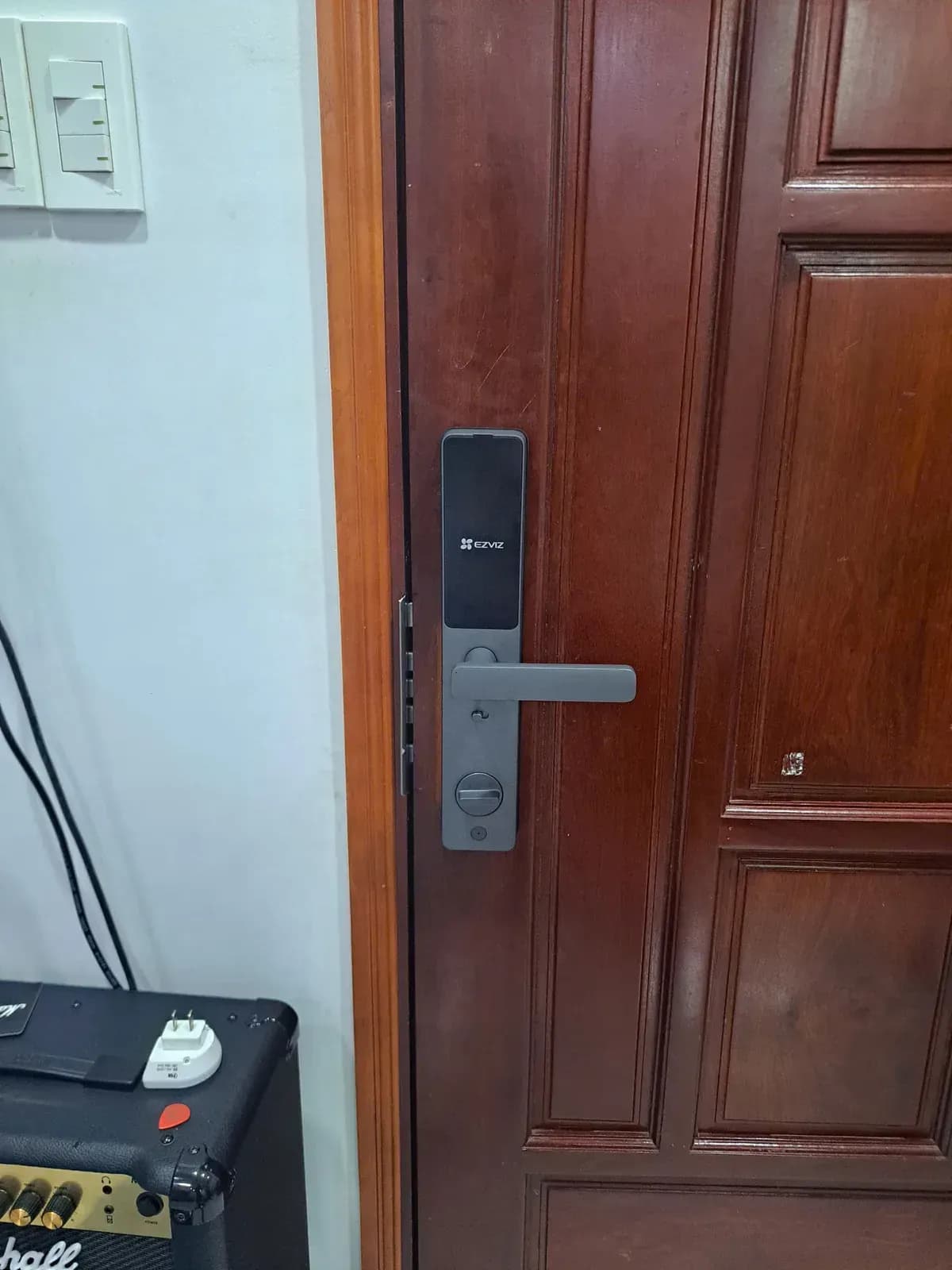 Khóa Ezviz DL05 lắp trên cửa gỗ panel nâu đỏ - indoor