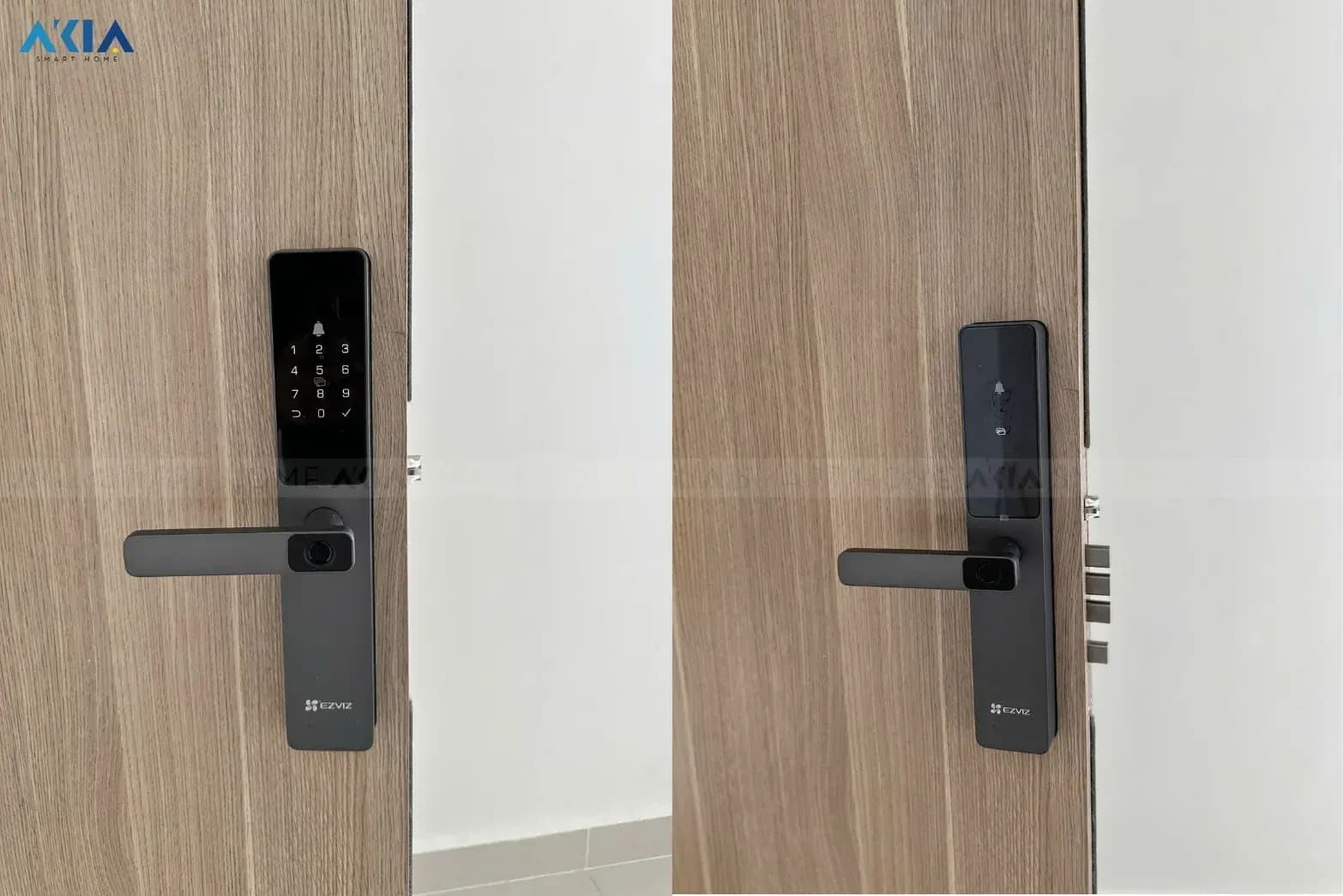 Khóa Ezviz DL05 lắp trên cửa gỗ công nghiệp - công trình thực tế