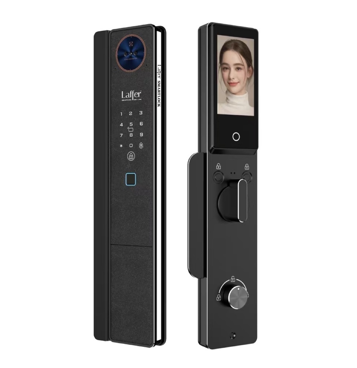 Khóa Laffer FD08 với màn hình mặt trong hiển thị khuôn mặt khách, nhận diện khuôn mặt 3D