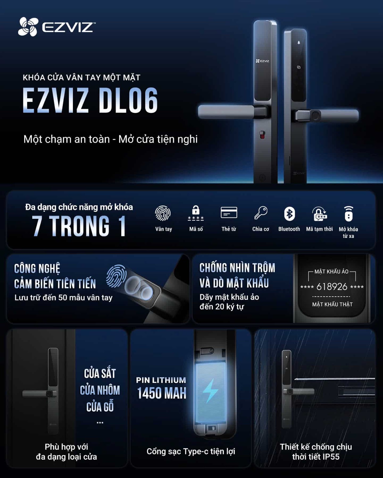 Tính năng khóa vân tay Ezviz DL06: 7-in-1, hợp cửa sắt/nhôm/gỗ, pin Lithium 1450mAh, IP55